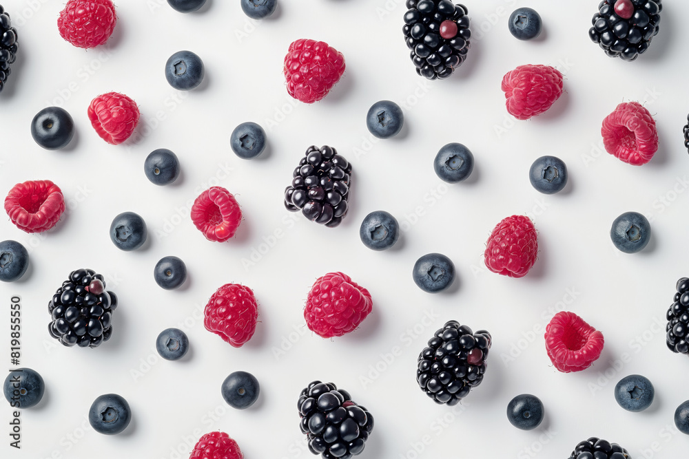 A pattern of raspberries , blackberries , blueberries and raspberries on a white background. Generative AI A pattern of raspberries , blackberries , blueberries and raspberries on a white background. Generative AI