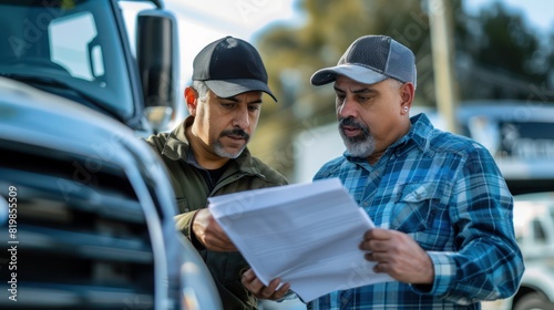 A dedicated Latino salesman reviewing paperwork with a customer, ensuring a smooth transaction for their new truck purchase. 