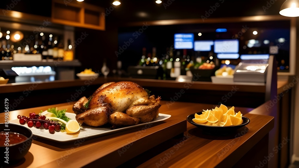 scenic view of roasted chicken and wine