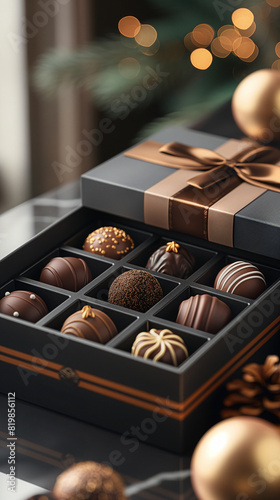 closeup of a luxury gift packaging for chocolate pralines in a 3x3 grid box with a golden bow