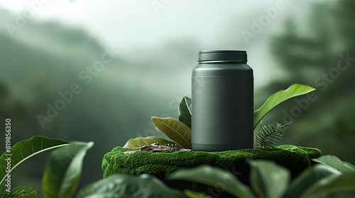 mockup of a green jar presented in a natural scenery on a mossy tree trunk, probably containing a food supplement or cosmetics product