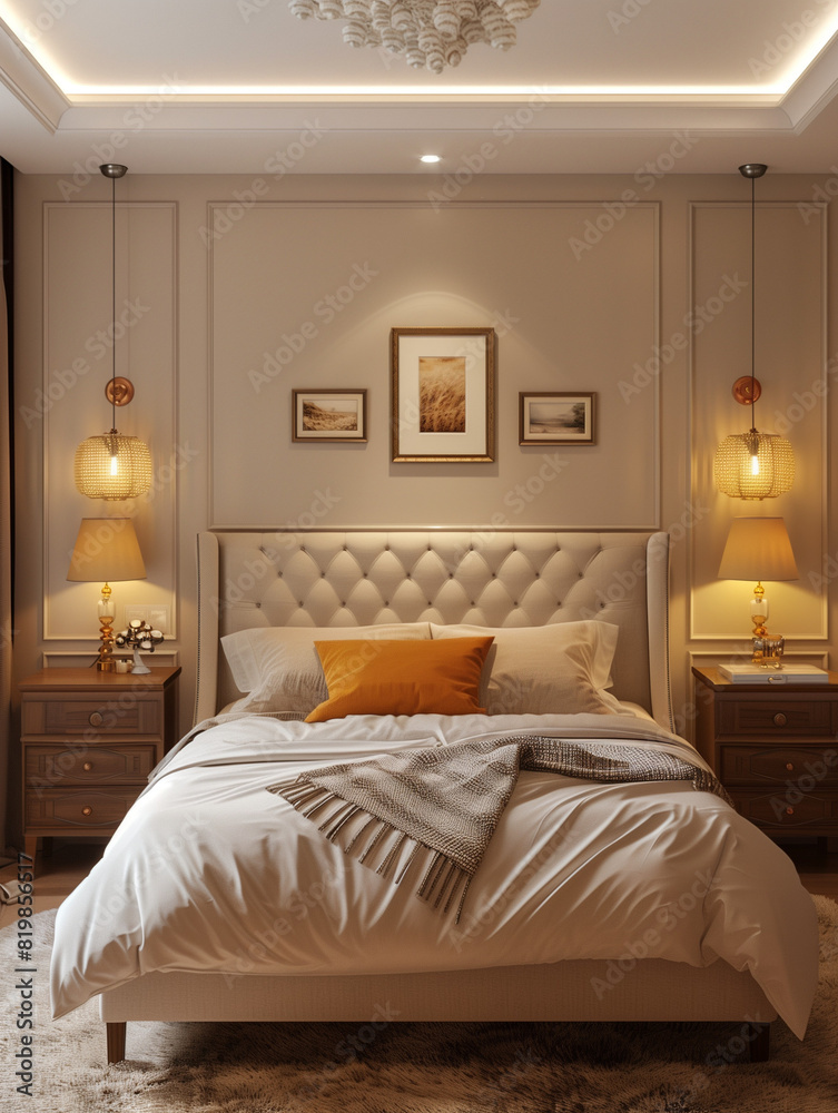 Bedroom interior design in brown beige color with bed with big headboard