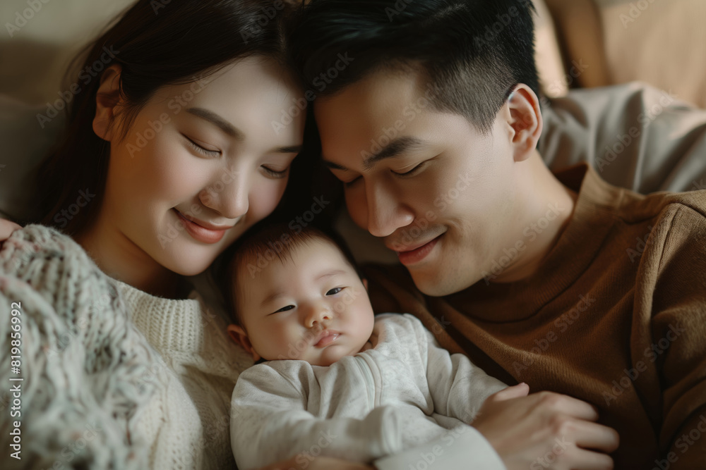 A couple exchanges smiles as they cradle a joyful baby in their embrace. Generative AI A couple exchanges smiles as they cradle a joyful baby in their embrace. Generative AI