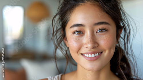 Happy and elegant Korean woman, radiating joy and positivity, isolated on a white backdrop