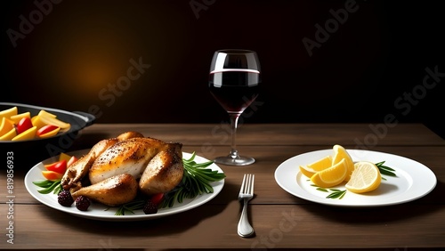 scenic view of roasted chicken and wine