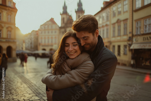 A couple embraces on an urban street, their smiles radiating joy. Generative AI © Eugen