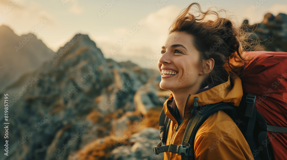 At the apex of a rocky mountain, a hiker captured in close-up, their face aglow with pure happiness and accomplishment. At the apex of a rocky mountain, a hiker captured in close-up, their face aglow with pure happiness and accomplishment.