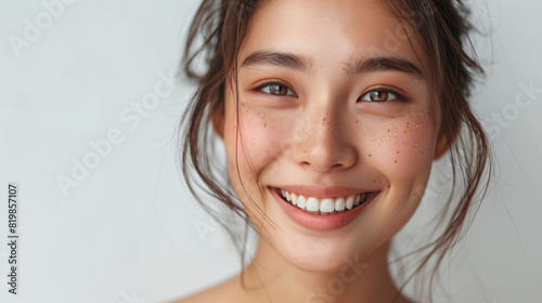 Happy and elegant Korean woman  radiating joy and positivity  isolated on a white backdrop