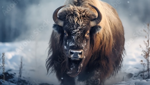 A mighty American Bison thick fur covered with frost and snow, Bison walks in extreme winter weather, standing above snow with a view of the frost mountains © Virgo Studio Maple