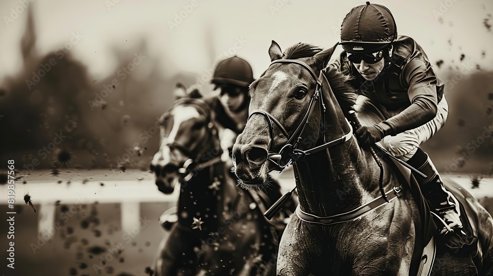 A nostalgic black and white photo style image of a historic racehorse race, with vintage clad jockeys and classic race attire A nostalgic black and white photo style image of a historic racehorse race, with vintage clad jockeys and classic race attire