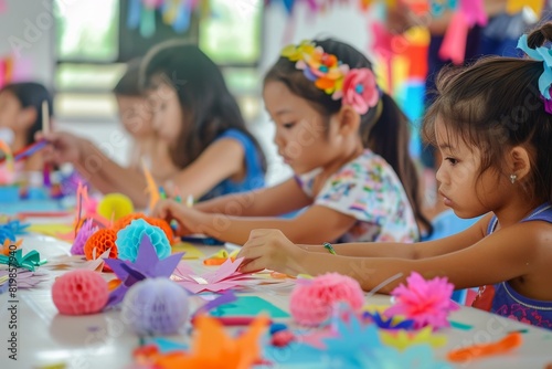 Children having a DIY craft day, making colorful decorations and artworks, promoting creativity and imagination