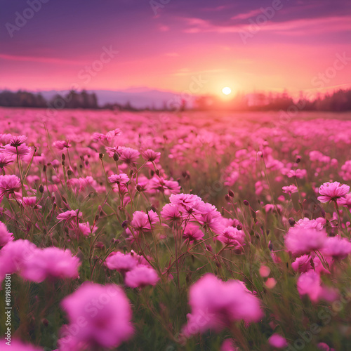 A field of flowers with a sunset in the background 