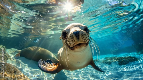 Underwater close-up of a curious sea lion underwater, looking at the camera © kodidesign