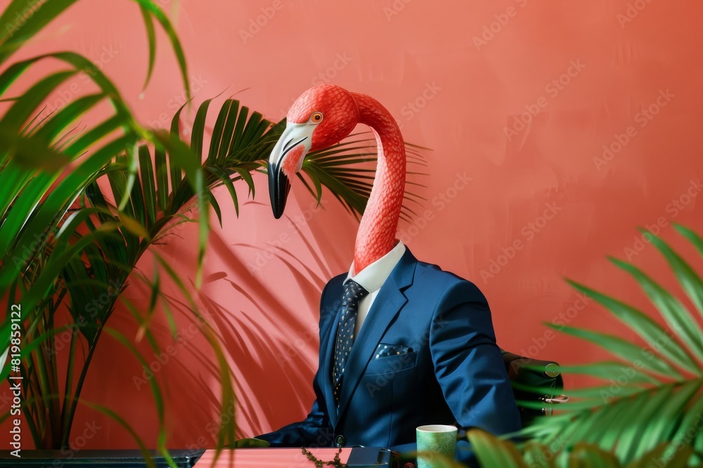 Obraz premium A flamingo in a business suit at a beach-themed office