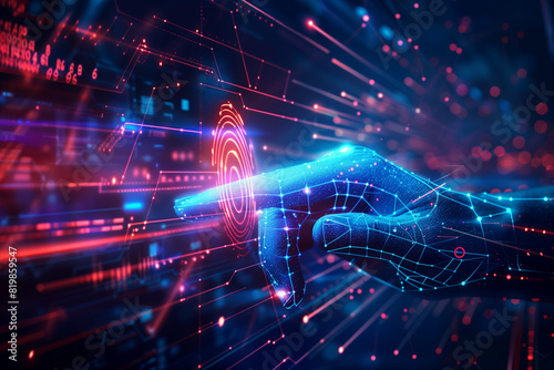 A futuristic representation of a person's hand being scanned by a fingerprint reader, with glowing digital patterns and data streams representing the biometric authentication process.