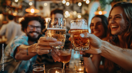 Happy group of friends clinking glasses in celebration at a lively pub