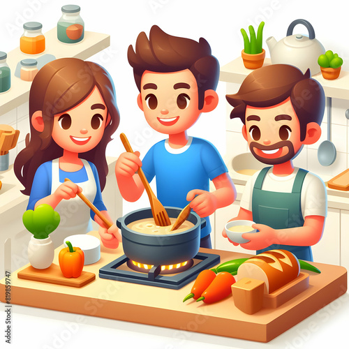 3D Flat Icon: Friends Cooking Together in a Kitchen   Candid Shot in Cartoon Style Highlighting Fun Collaboration, Bonding, and Natural Expressions and Interactions in Cozy Setting