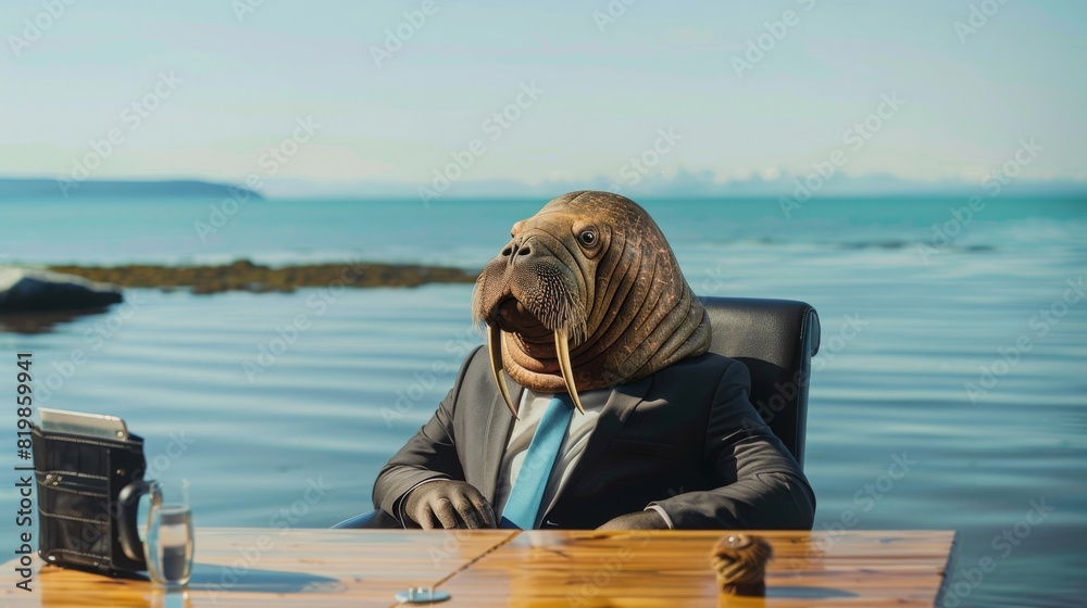 Fototapeta premium A walrus in a business suit at an ice-themed office