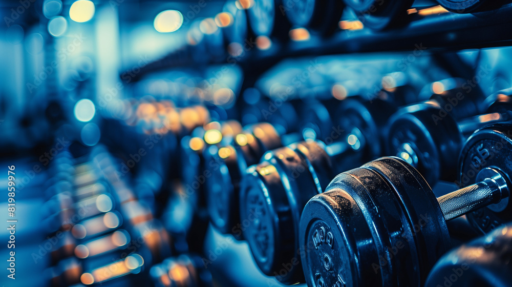 Closeup of row of dumbbells in gym.  body building gym equipment concept
