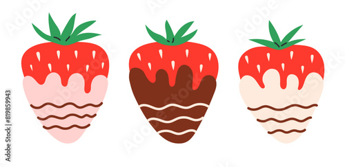 Strawberries in chocolate set. Sweet strawberry in chocolate fondue snack. Flat Vector illustration isolated on white background