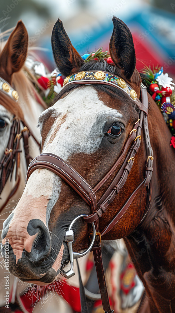 Fototapeta premium Colorful Country Fair Horse Parade Showcasing Various Breeds