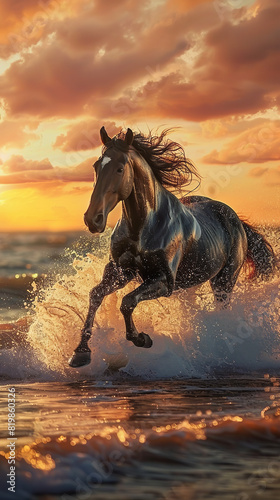 Vibrant Beach Horse Riding at Sunset with Horses Galloping Along Shore   © Davivd
