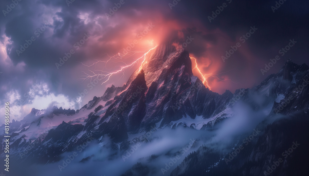 Lightning splitting the sky over the top of the mountain. This extraordinary natural phenomenon arouses respect and amazement, showing the power and beauty of stormy weather in the mountains.