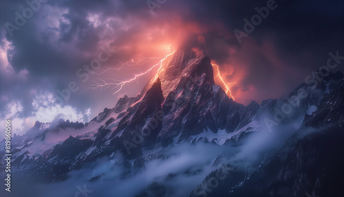Lightning splitting the sky over the top of the mountain. This extraordinary natural phenomenon arouses respect and amazement, showing the power and beauty of stormy weather in the mountains.