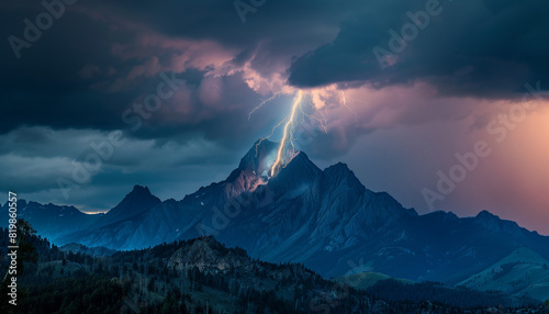 Lightning splitting the sky over the top of the mountain. This extraordinary natural phenomenon arouses respect and amazement, showing the power and beauty of stormy weather in the mountains. photo