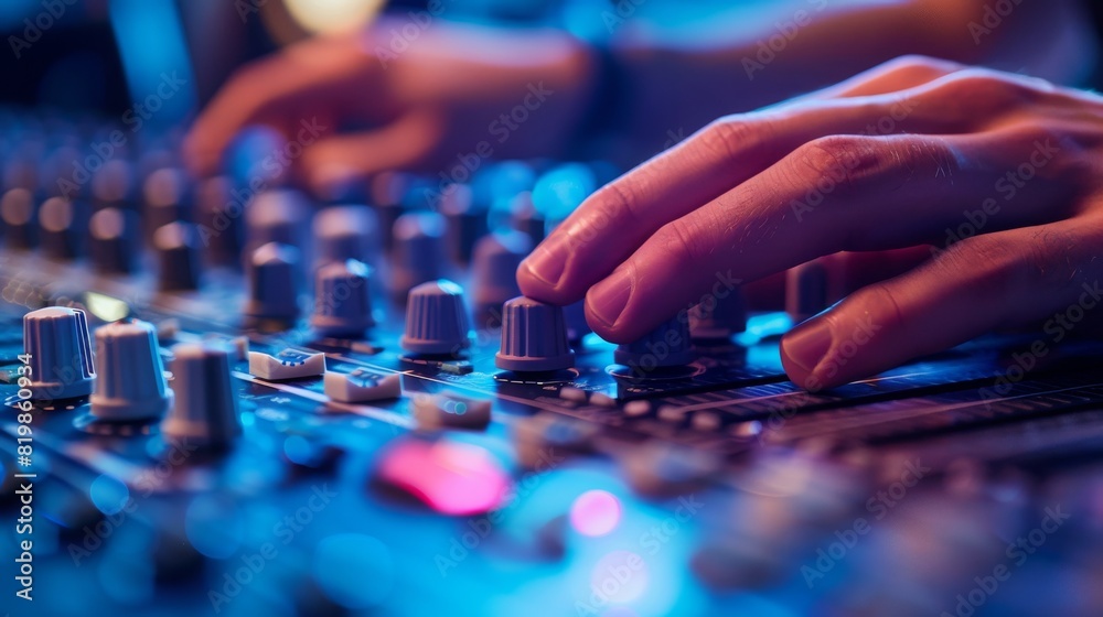 Music mixing board. DJ. Close-up of recording. Background audio track in dark recording Aesthetics of industrial machinery, multimedia, bright colors Music mixing board. DJ. Close-up of recording. Background audio track in dark recording Aesthetics of industrial machinery, multimedia, bright colors