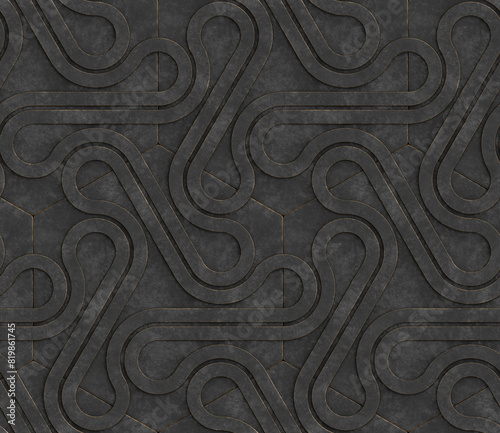 3D gray metal wall with three dimensional ribbon shapes connected by silver hinges located above the hexagons. High quality seamless realistic texture.