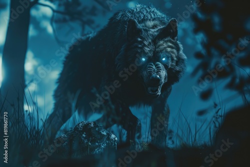 A lone wolf walking through a dark forest. Suitable for nature and wildlife themes