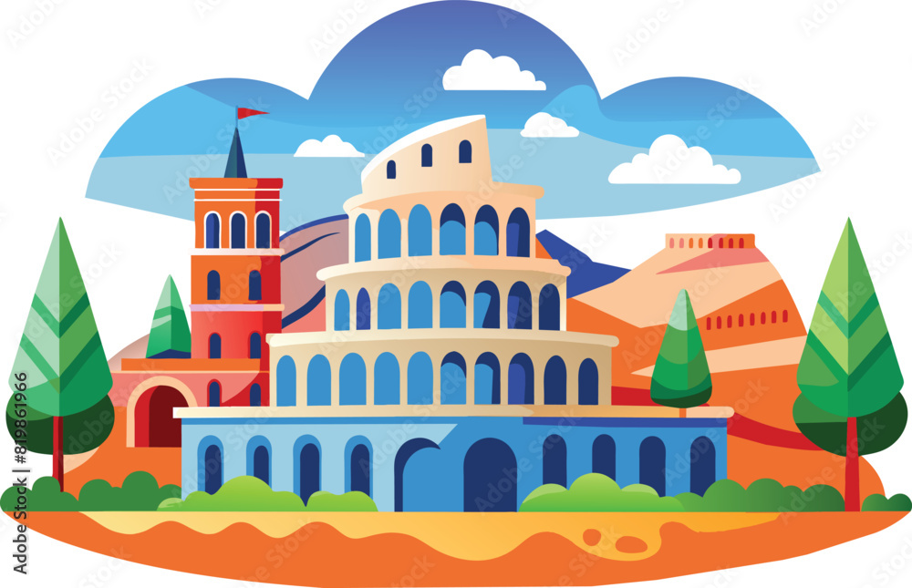 Flat illustration of travel destination Colosseum Rome, vector illustration.