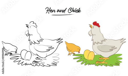 Mother hen with her baby chicks. Cute farm animal characters - mom and her child. Mother Day concept. Preschool worksheet, cartoon style vector illustration of hen and chick. Coloring activity
