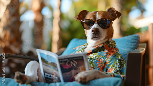 A funny dog ​​in a Hawaiian shirt and sunglasses is reading a magazine on the beach © Anna Iluschenko