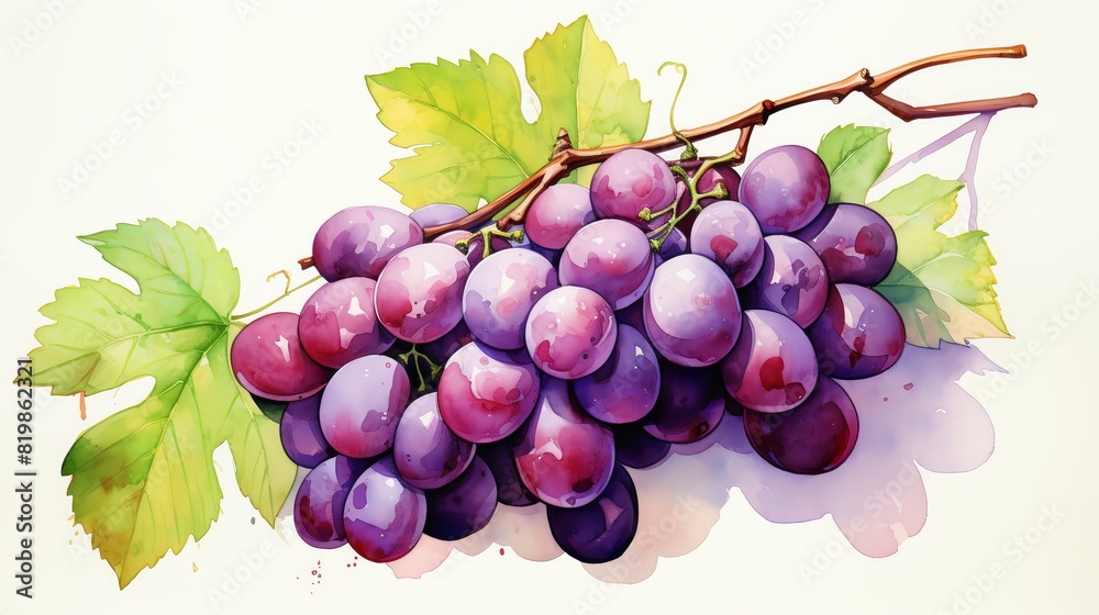 Fototapeta premium A watercolor painting of a bunch of purple grapes with green leaves on a white background.