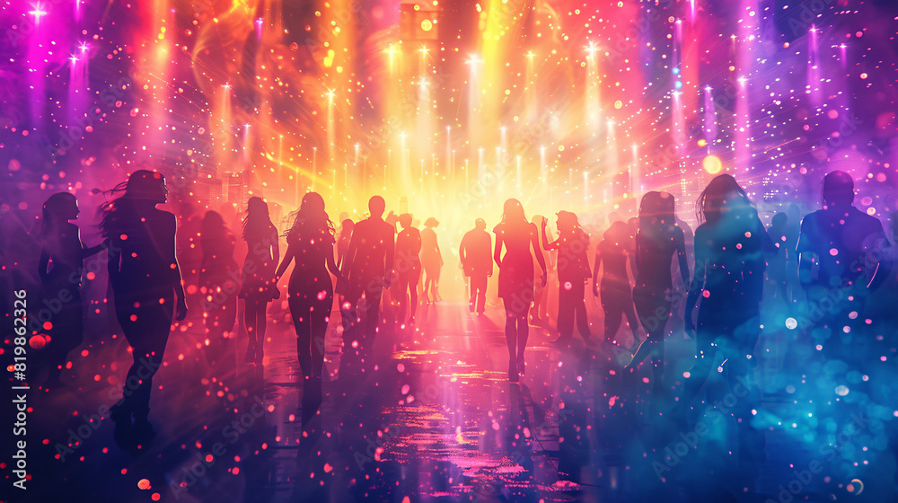 Nightclub scene with silhouettes of people dancing and enjoying the music under strobe lights Nightclub scene with silhouettes of people dancing and enjoying the music under strobe lights