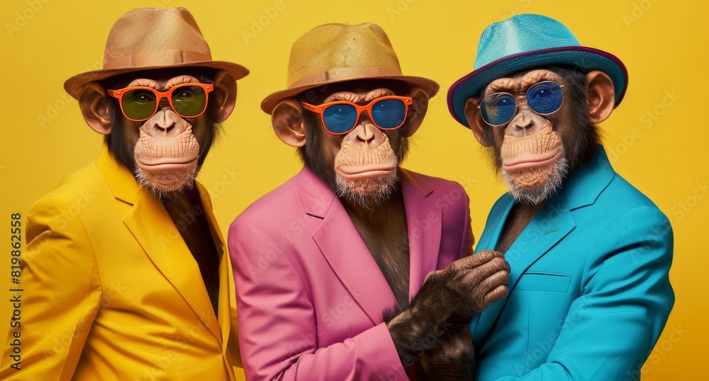 Creative animal concept. Group of monkeys in funky Wacky wild mismatch colorful outfits isolated on bright background Creative animal concept. Group of monkeys in funky Wacky wild mismatch colorful outfits isolated on bright background