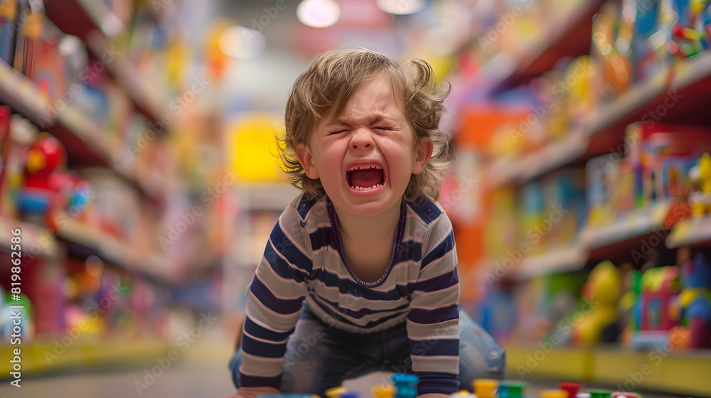 A little child is hysterical in a toy store. Concept of child tantrum due to brain immaturity. Child psychology. Happy parenthood A little child is hysterical in a toy store. Concept of child tantrum due to brain immaturity. Child psychology. Happy parenthood