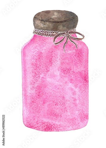 watercolor illustration of a pink bottle with an empty space for your text on white background