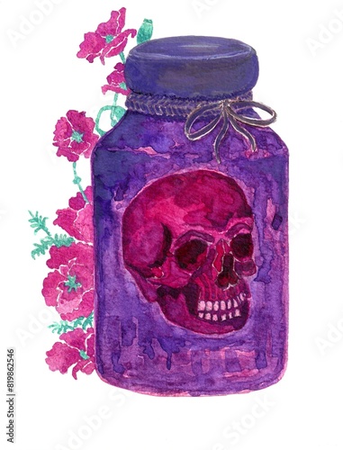watercolor illustration of a purple bottle with a skull inside and pink poppy flowers outside. A hand-drawn Halloween greeting card. Witch items .