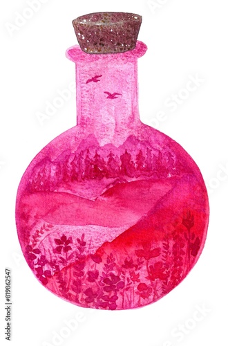 watercolor illustration of a pink bottle with a field and flowers inside. A hand-painted beaker with a beautiful landscape