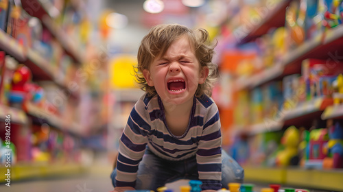 A little child is hysterical in a toy store. Concept of child tantrum due to brain immaturity. Child psychology. Happy parenthood photo