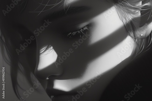 A close up of a woman's face, with the light shining through the blinds creating shadows on her face.