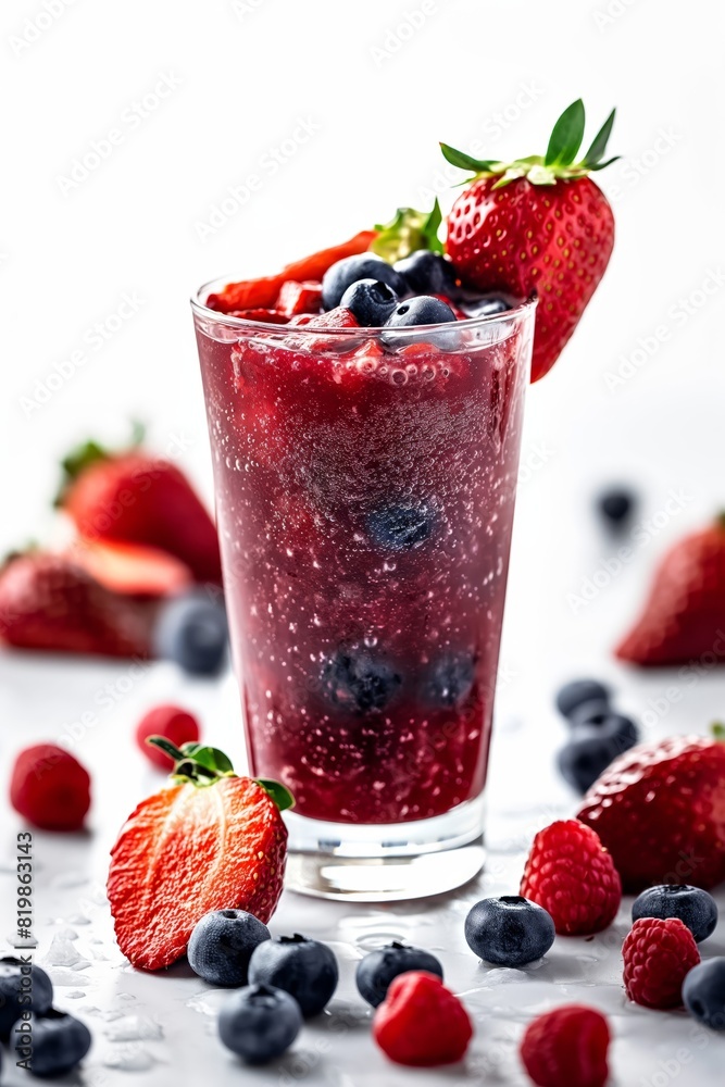 A glass of mixed berries with a strawberry on top A glass of mixed berries with a strawberry on top