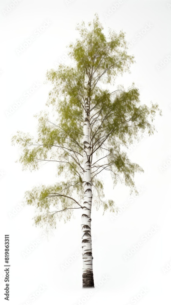 Fototapeta premium realistic digital painting of a tall birch tree with white bark and green leaves, isolated on a white background