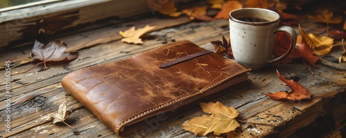 A well-worn leather journal sits on a wooden table scattered with fallen leaves
