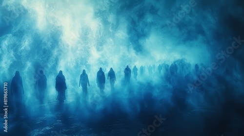 A group of people walking in the fog with their backs to us, AI