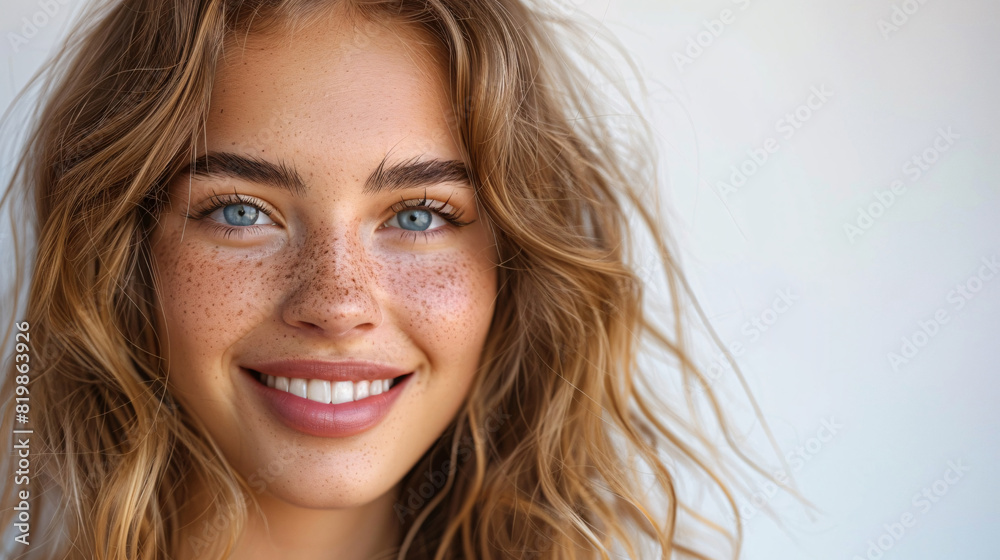 Fototapeta premium Smiling young woman with a natural expression, showcasing her beauty and wellness