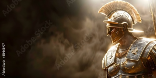 Ancient Roman Male Legionary in Full Armor with Helmet, Crest, Gladius, and Scutum Shield. Concept Roman history, Military equipment, Warrior culture, Ancient armor, Battle tactics photo